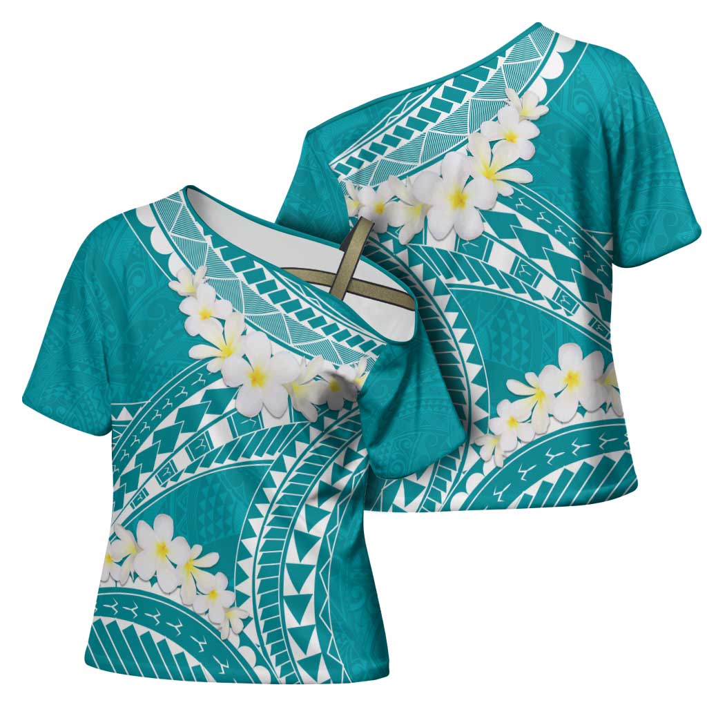 Polynesian Vintage Floral Cross Shoulder Shirt Teal Motifs - Polynesian Pride