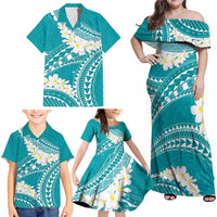 Polynesian Vintage Floral Family Matching Off Shoulder Maxi Dress and Hawaiian Shirt Teal Motifs - Polynesian Pride