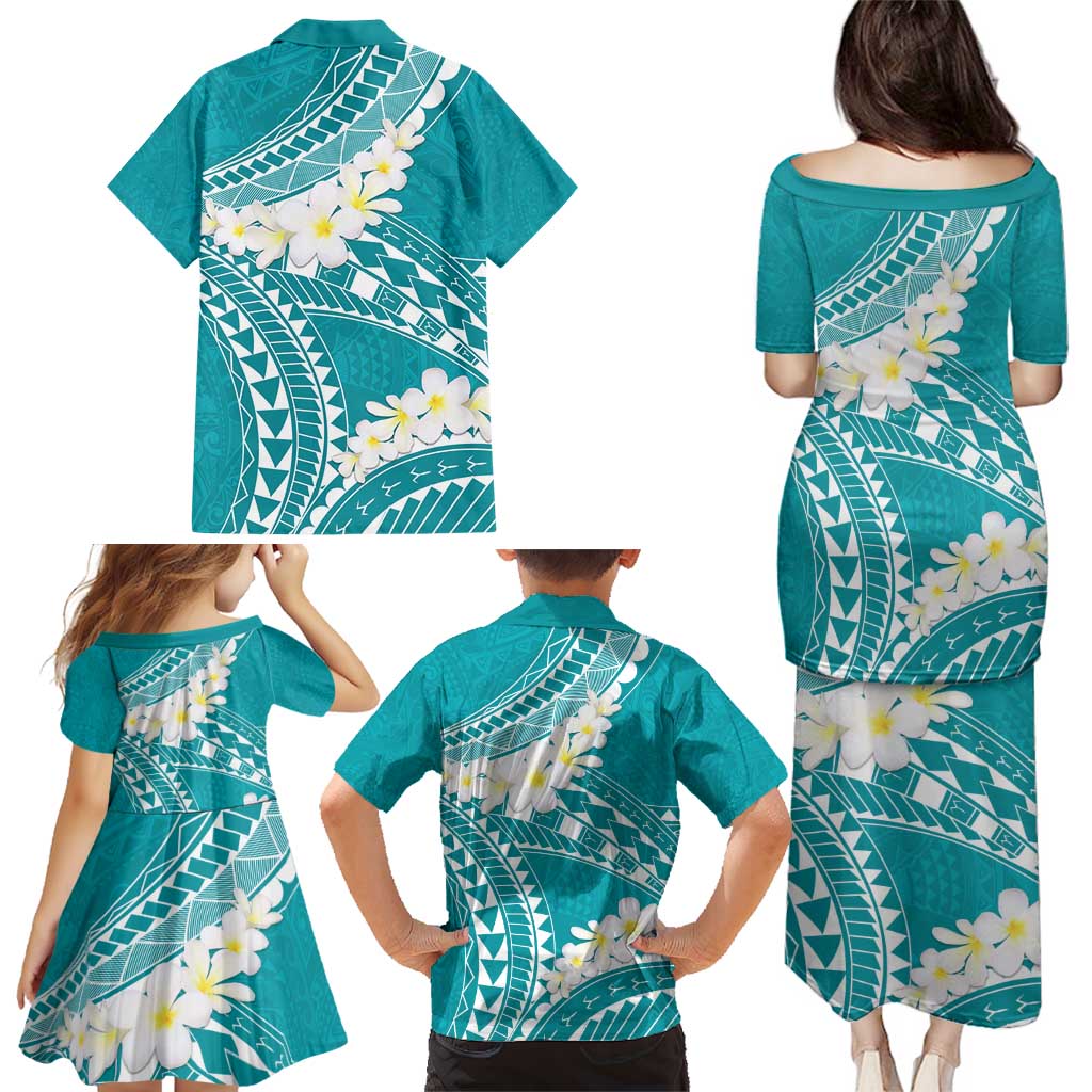 Polynesian Vintage Floral Family Matching Puletasi and Hawaiian Shirt Teal Motifs - Polynesian Pride