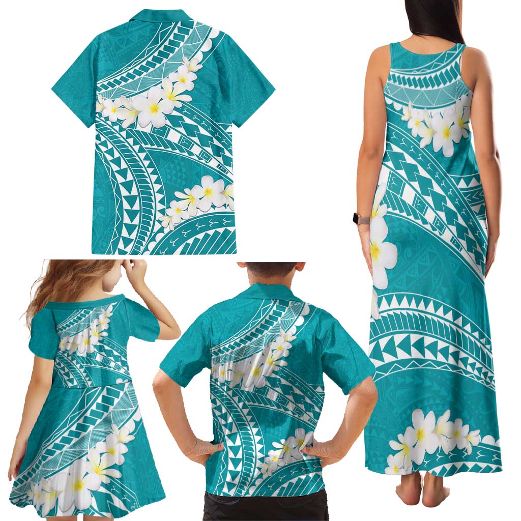 Polynesian Vintage Floral Family Matching Tank Maxi Dress and Hawaiian Shirt Teal Motifs - Polynesian Pride