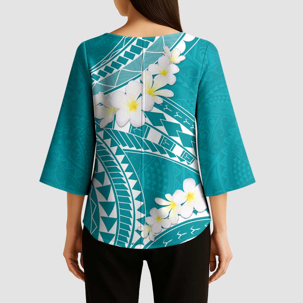 Polynesian Vintage Floral Kimono Sleeve Blouse Teal Motifs - Polynesian Pride