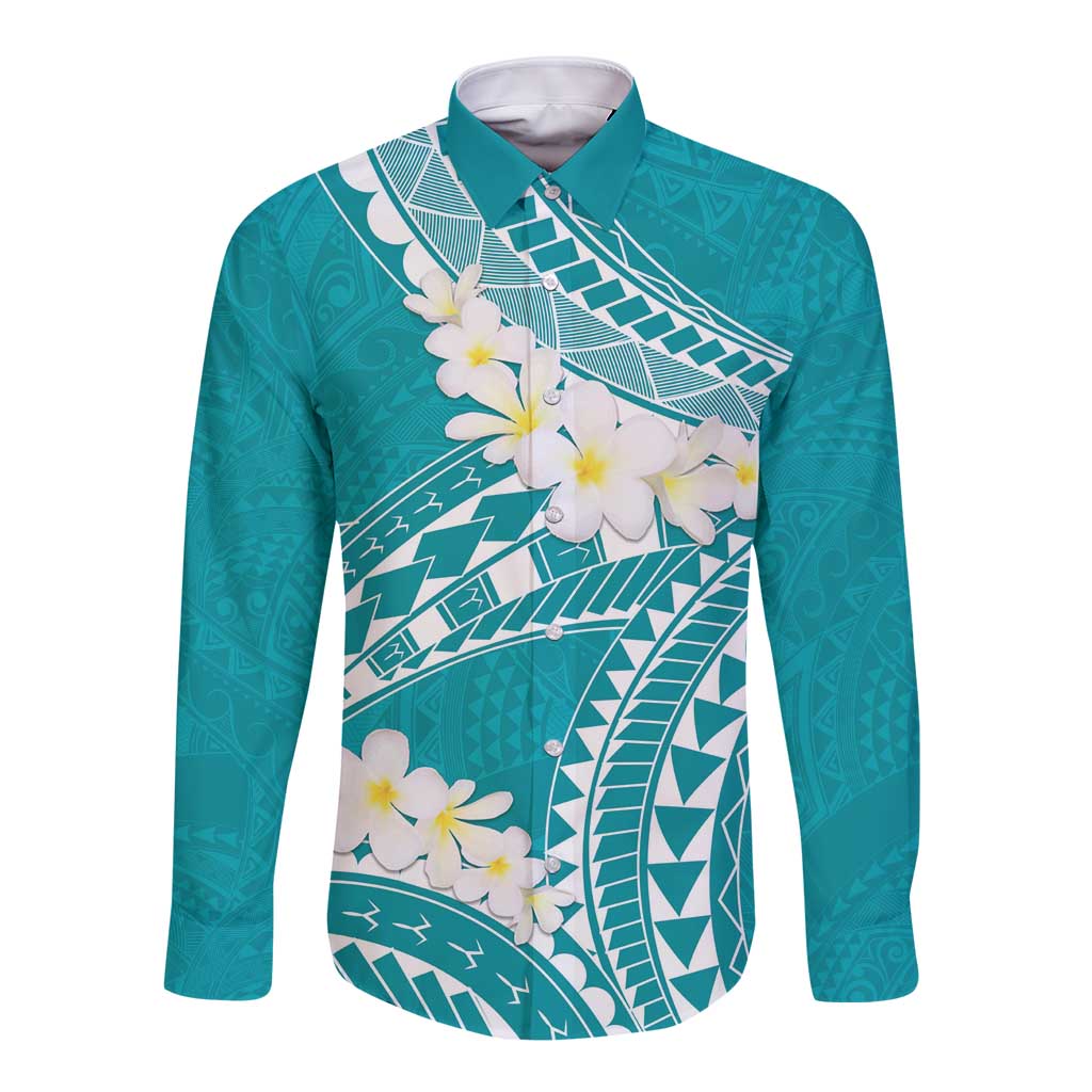 Polynesian Vintage Floral Long Sleeve Button Shirt Teal Motifs - Polynesian Pride