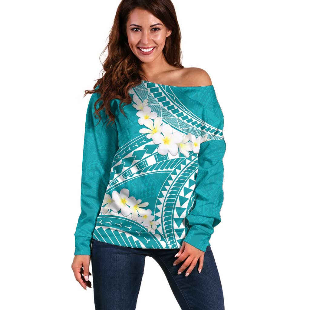 Polynesian Vintage Floral Off Shoulder Sweater Teal Motifs - Polynesian Pride