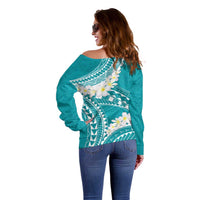 Polynesian Vintage Floral Off Shoulder Sweater Teal Motifs - Polynesian Pride