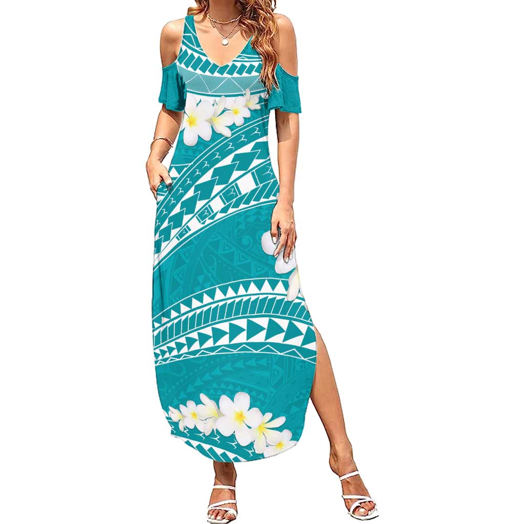 Polynesian Vintage Floral Summer Maxi Dress Teal Motifs - Polynesian Pride