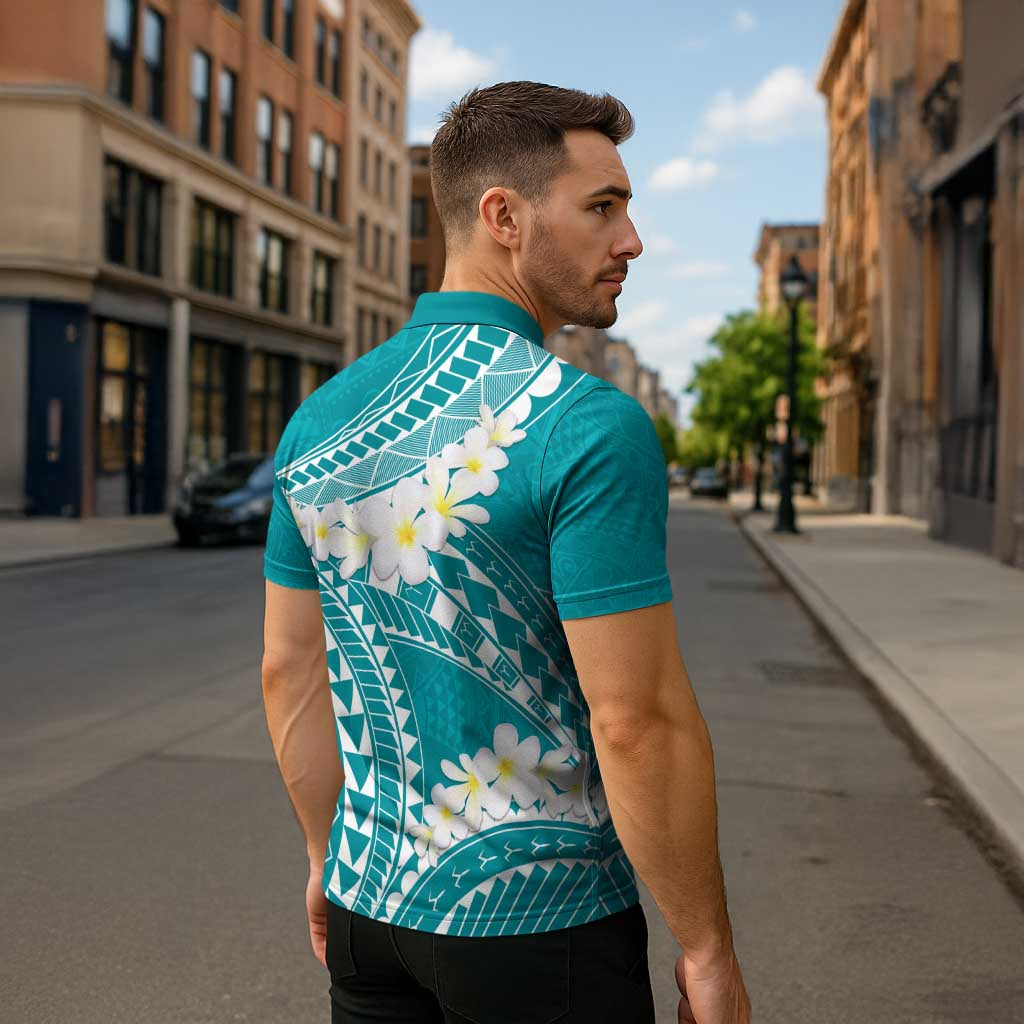 Polynesian Vintage Floral Zipper Polo Shirt Teal Motifs - Polynesian Pride
