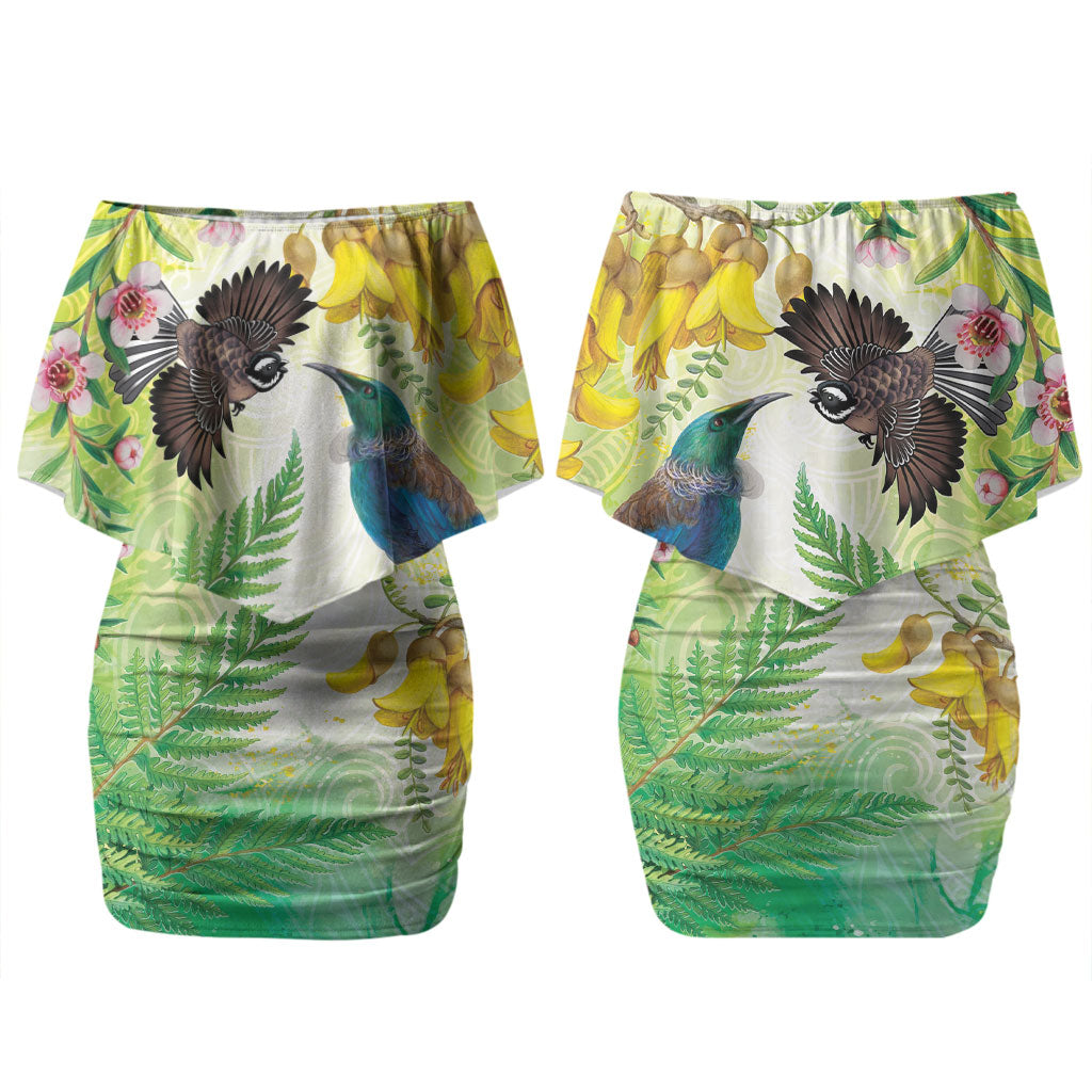 New Zealand Maori Mahuru Couples Matching Off Shoulder Short Dress and Hawaiian Shirt Tui With Pikawakawa Spring Colors LT7 - Polynesian Pride