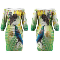 New Zealand Maori Mahuru Couples Matching Off The Shoulder Long Sleeve Dress and Long Sleeve Button Shirt Tui With Pikawakawa Spring Colors LT7 - Polynesian Pride