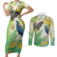 New Zealand Maori Mahuru Couples Matching Short Sleeve Bodycon Dress and Long Sleeve Button Shirt Tui With Pikawakawa Spring Colors LT7 Multicolor - Polynesian Pride