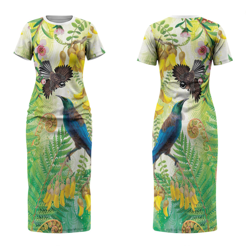 New Zealand Maori Mahuru Couples Matching Short Sleeve Bodycon Dress and Long Sleeve Button Shirt Tui With Pikawakawa Spring Colors LT7 - Polynesian Pride