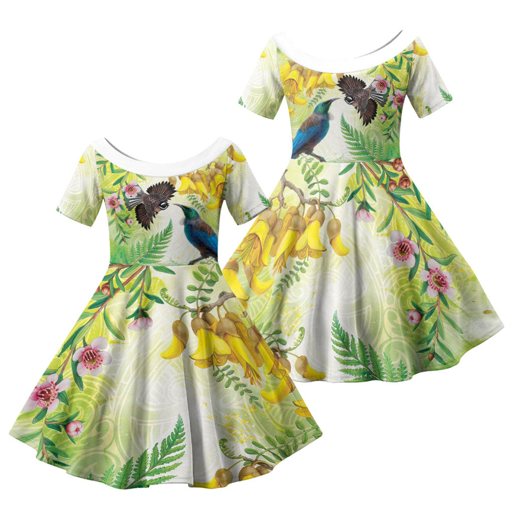 New Zealand Maori Mahuru Family Matching Long Sleeve Bodycon Dress and Hawaiian Shirt Tui With Pikawakawa Spring Colors LT7 Daughter's Dress Multicolor - Polynesian Pride