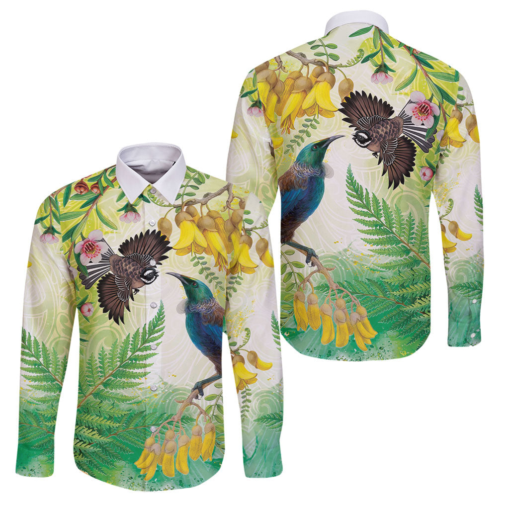 New Zealand Maori Mahuru Family Matching Off Shoulder Maxi Dress and Hawaiian Shirt Tui With Pikawakawa Spring Colors LT7 Dad's Shirt - Long Sleeve Multicolor - Polynesian Pride