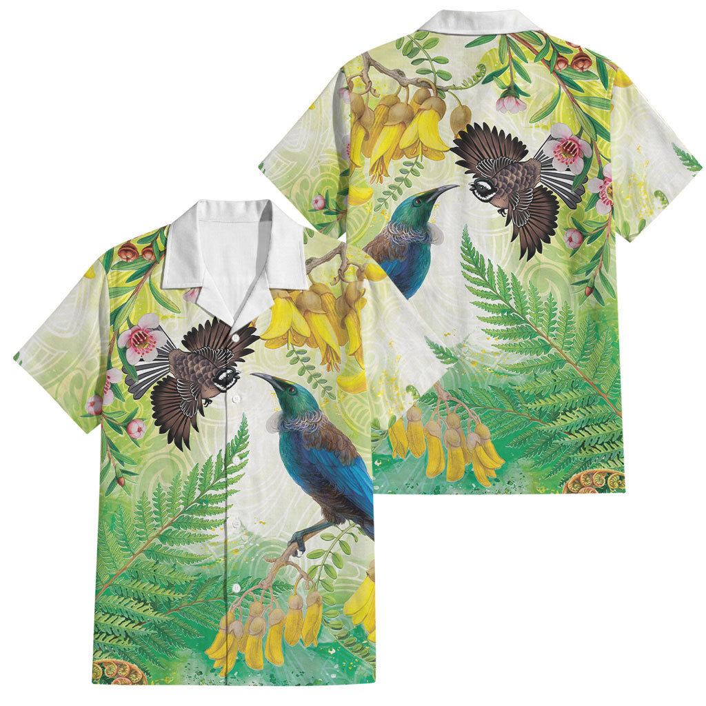 New Zealand Maori Mahuru Family Matching Off Shoulder Short Dress and Hawaiian Shirt Tui With Pikawakawa Spring Colors LT7 Dad's Shirt - Short Sleeve Multicolor - Polynesian Pride
