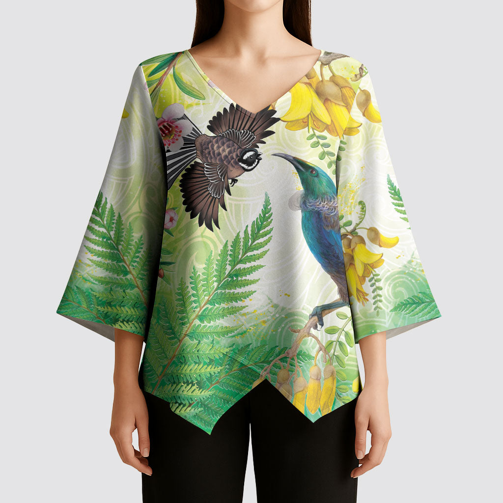 New Zealand Maori Mahuru Kimono Sleeve Blouse Tui With Pikawakawa Spring Colors LT7 - Polynesian Pride