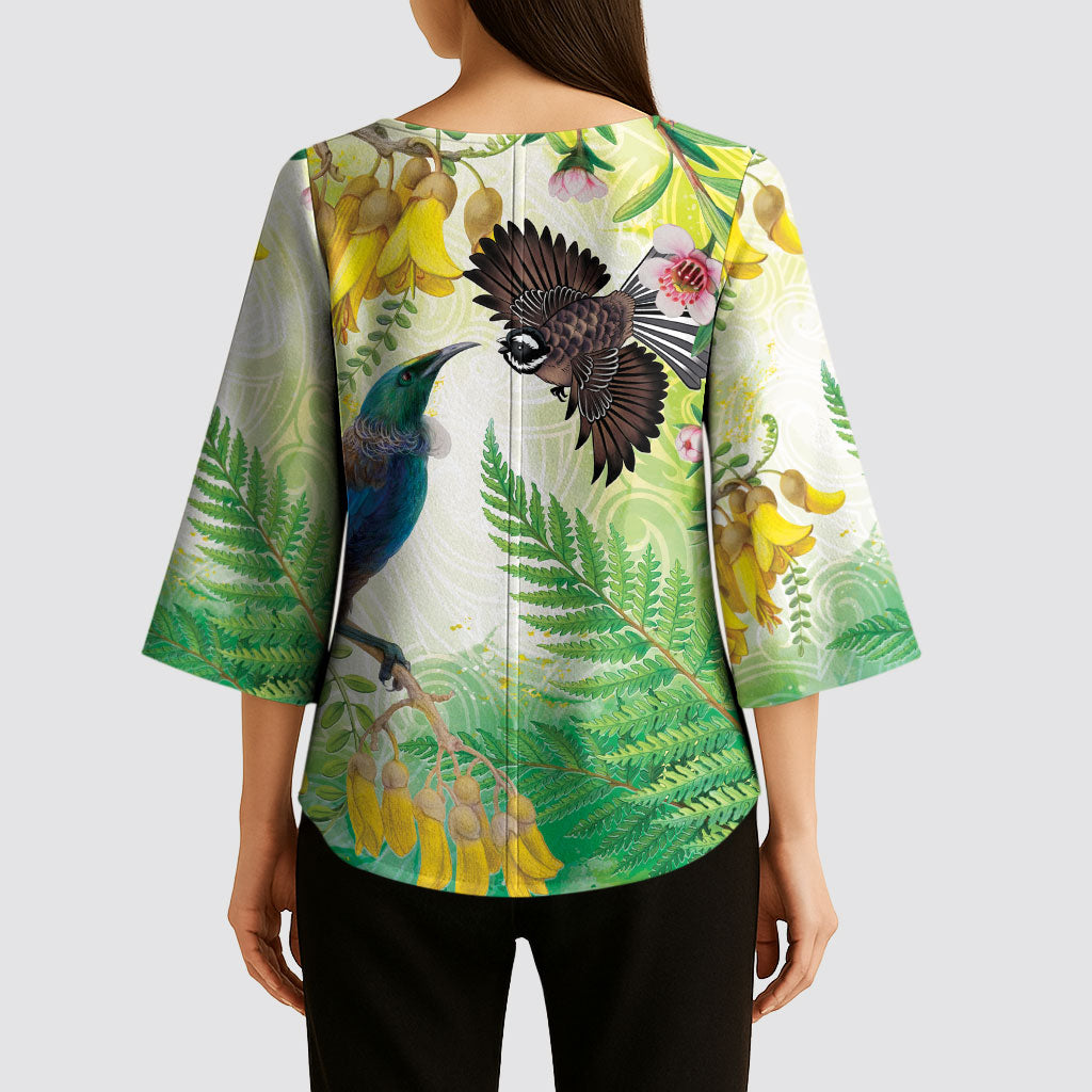 New Zealand Maori Mahuru Kimono Sleeve Blouse Tui With Pikawakawa Spring Colors LT7 - Polynesian Pride