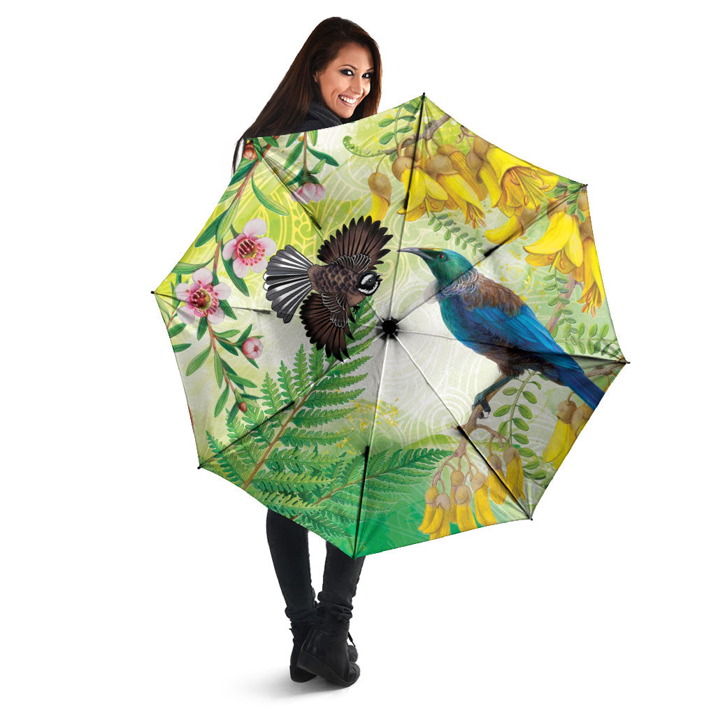 New Zealand Maori Mahuru Umbrella Tui With Pikawakawa Spring Colors LT7 - Polynesian Pride
