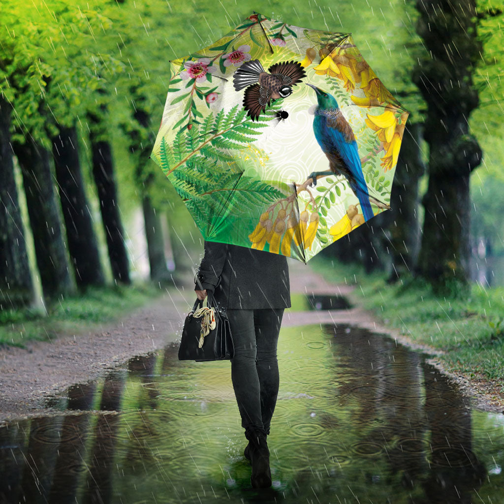 New Zealand Maori Mahuru Umbrella Tui With Pikawakawa Spring Colors LT7 - Polynesian Pride