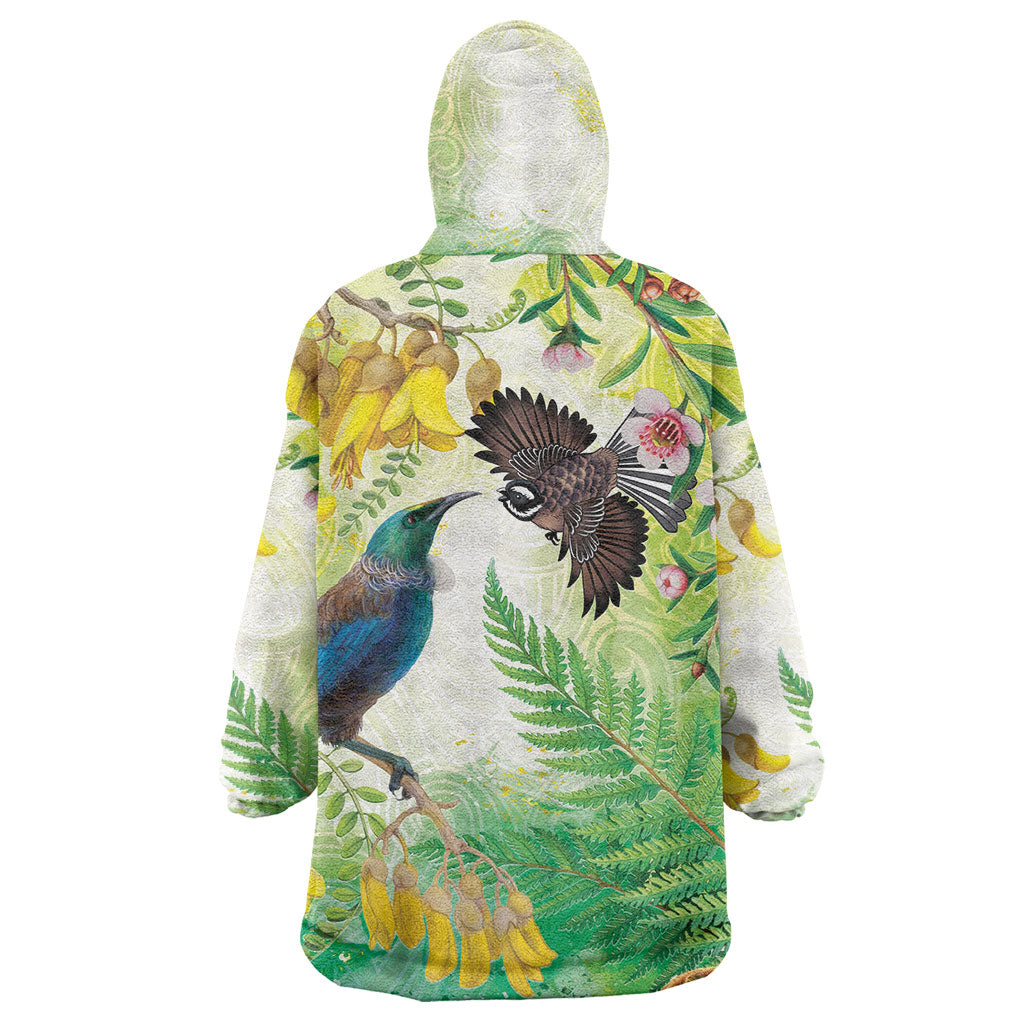 New Zealand Maori Mahuru Wearable Blanket Hoodie Tui With Pikawakawa Spring Colors LT7 - Polynesian Pride