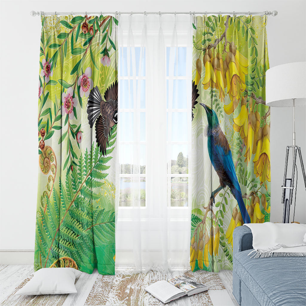 New Zealand Maori Mahuru Window Curtain Tui With Pikawakawa Spring Colors LT7 - Polynesian Pride