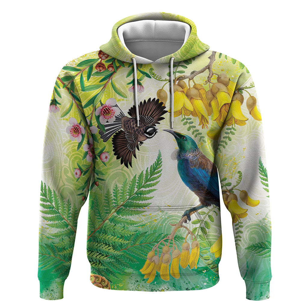 New Zealand Maori Mahuru Zip Hoodie Tui With Pikawakawa Spring Colors LT7 Pullover Hoodie Multicolor - Polynesian Pride