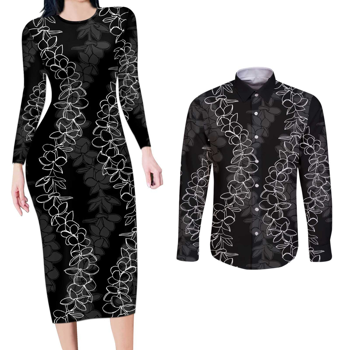 Hawaii Plumeria Lei Couples Matching Long Sleeve Bodycon Dress and Long Sleeve Button Shirt Aloha Festive Vibe