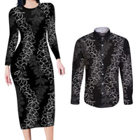 Hawaii Plumeria Lei Couples Matching Long Sleeve Bodycon Dress and Long Sleeve Button Shirt Aloha Festive Vibe