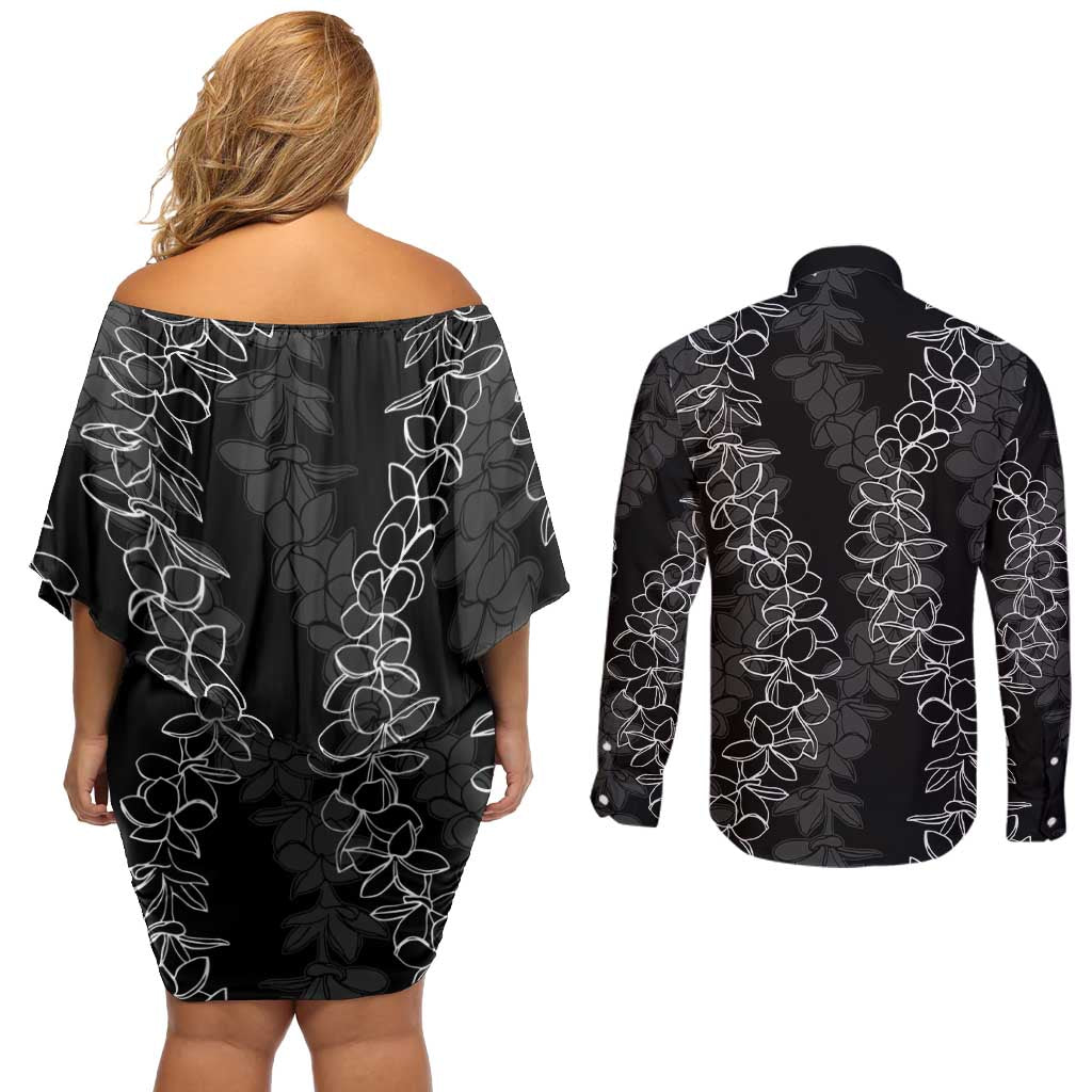 Hawaii Plumeria Lei Couples Matching Off Shoulder Short Dress and Long Sleeve Button Shirt Aloha Festive Vibe