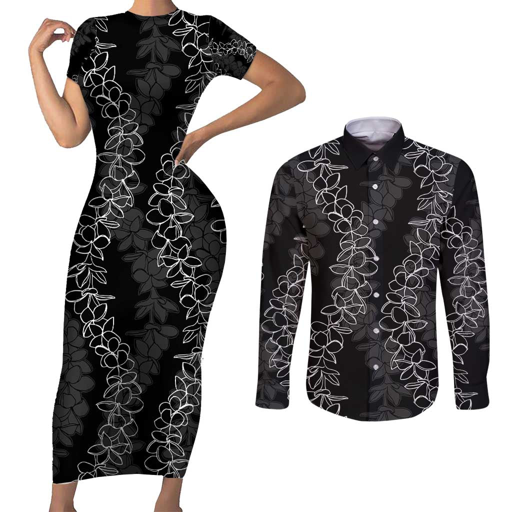 Hawaii Plumeria Lei Couples Matching Short Sleeve Bodycon Dress and Long Sleeve Button Shirt Aloha Festive Vibe