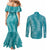 Hawaii Plumeria Lei Couples Matching Mermaid Dress and Long Sleeve Button Shirt Aloha Festive Vibe - Teal