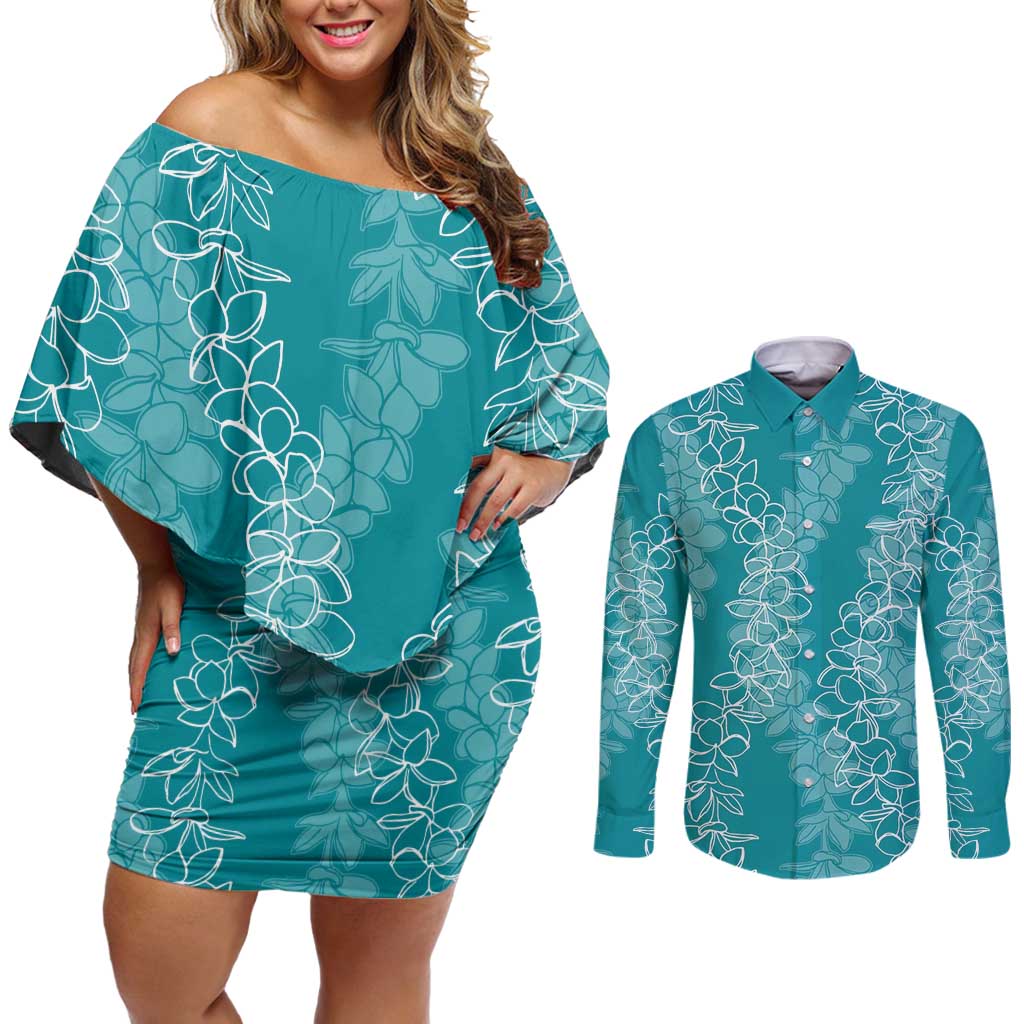 Hawaii Plumeria Lei Couples Matching Off Shoulder Short Dress and Long Sleeve Button Shirt Aloha Festive Vibe - Teal
