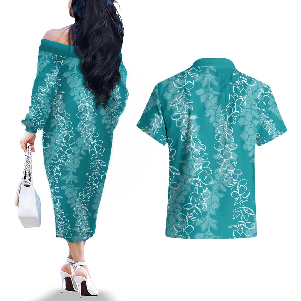 Hawaii Plumeria Lei Couples Matching Off The Shoulder Long Sleeve Dress and Hawaiian Shirt Aloha Festive Vibe - Teal
