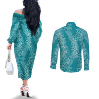 Hawaii Plumeria Lei Couples Matching Off The Shoulder Long Sleeve Dress and Long Sleeve Button Shirt Aloha Festive Vibe - Teal