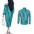 Hawaii Plumeria Lei Couples Matching Off The Shoulder Long Sleeve Dress and Long Sleeve Button Shirt Aloha Festive Vibe - Teal