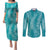Hawaii Plumeria Lei Couples Matching Puletasi and Long Sleeve Button Shirt Aloha Festive Vibe - Teal