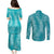 Hawaii Plumeria Lei Couples Matching Puletasi and Long Sleeve Button Shirt Aloha Festive Vibe - Teal
