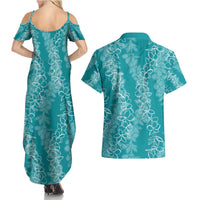 Hawaii Plumeria Lei Couples Matching Summer Maxi Dress and Hawaiian Shirt Aloha Festive Vibe - Teal