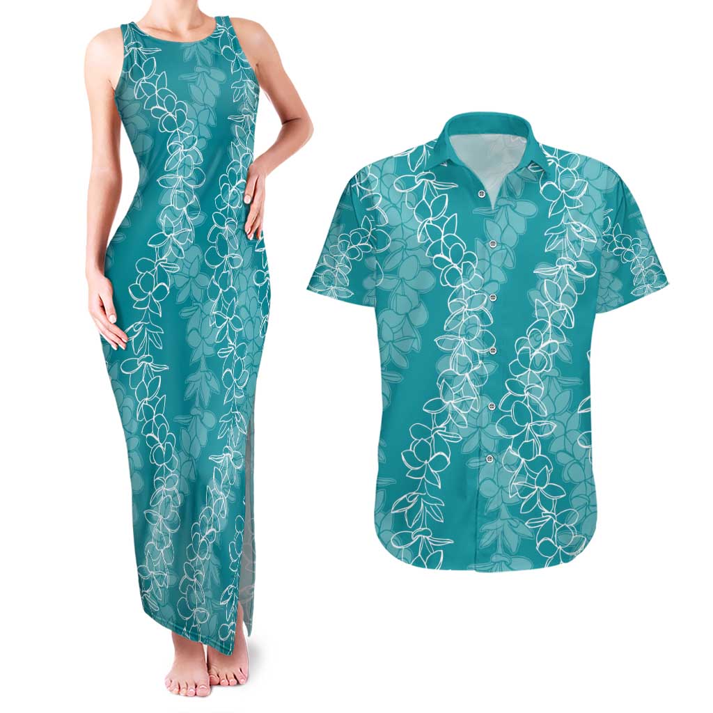 Hawaii Plumeria Lei Couples Matching Tank Maxi Dress and Hawaiian Shirt Aloha Festive Vibe - Teal