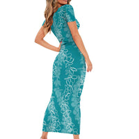 Hawaii Plumeria Lei Family Matching Short Sleeve Bodycon Dress and Hawaiian Shirt Aloha Festive Vibe - Teal