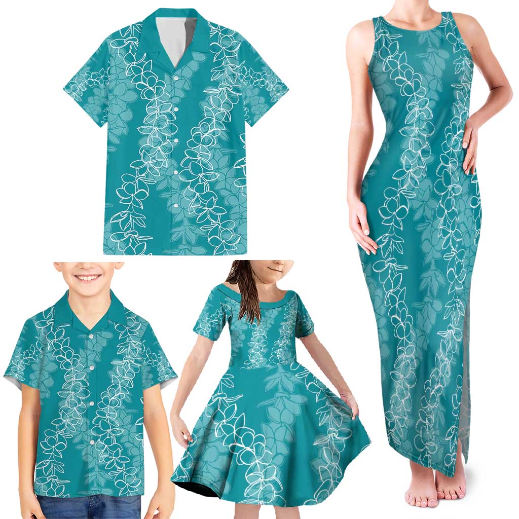 Hawaii Plumeria Lei Family Matching Tank Maxi Dress and Hawaiian Shirt Aloha Festive Vibe - Teal