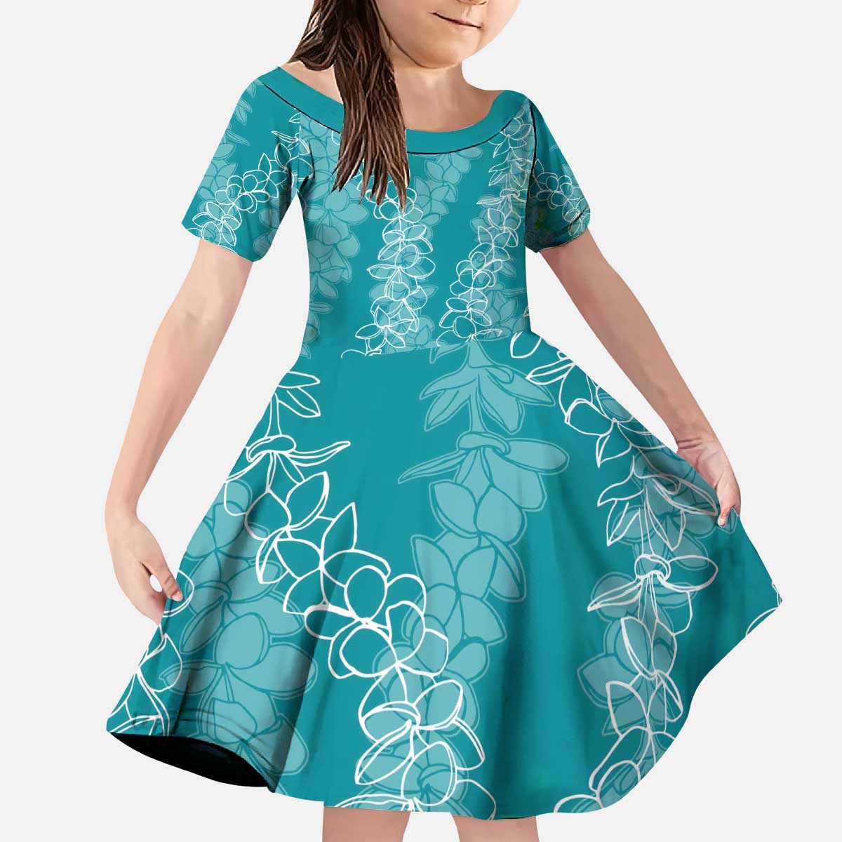Hawaii Plumeria Lei Kid Short Sleeve Dress Aloha Festive Vibe - Teal