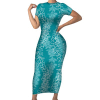 Hawaii Plumeria Lei Short Sleeve Bodycon Dress Aloha Festive Vibe - Teal LT7 Long Dress Teal - Polynesian Pride
