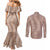 Hawaii Plumeria Lei Couples Matching Mermaid Dress and Long Sleeve Button Shirt Aloha Festive Vibe - Beige