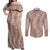 Hawaii Plumeria Lei Couples Matching Off Shoulder Maxi Dress and Long Sleeve Button Shirt Aloha Festive Vibe - Beige