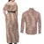 Hawaii Plumeria Lei Couples Matching Off Shoulder Maxi Dress and Long Sleeve Button Shirt Aloha Festive Vibe - Beige