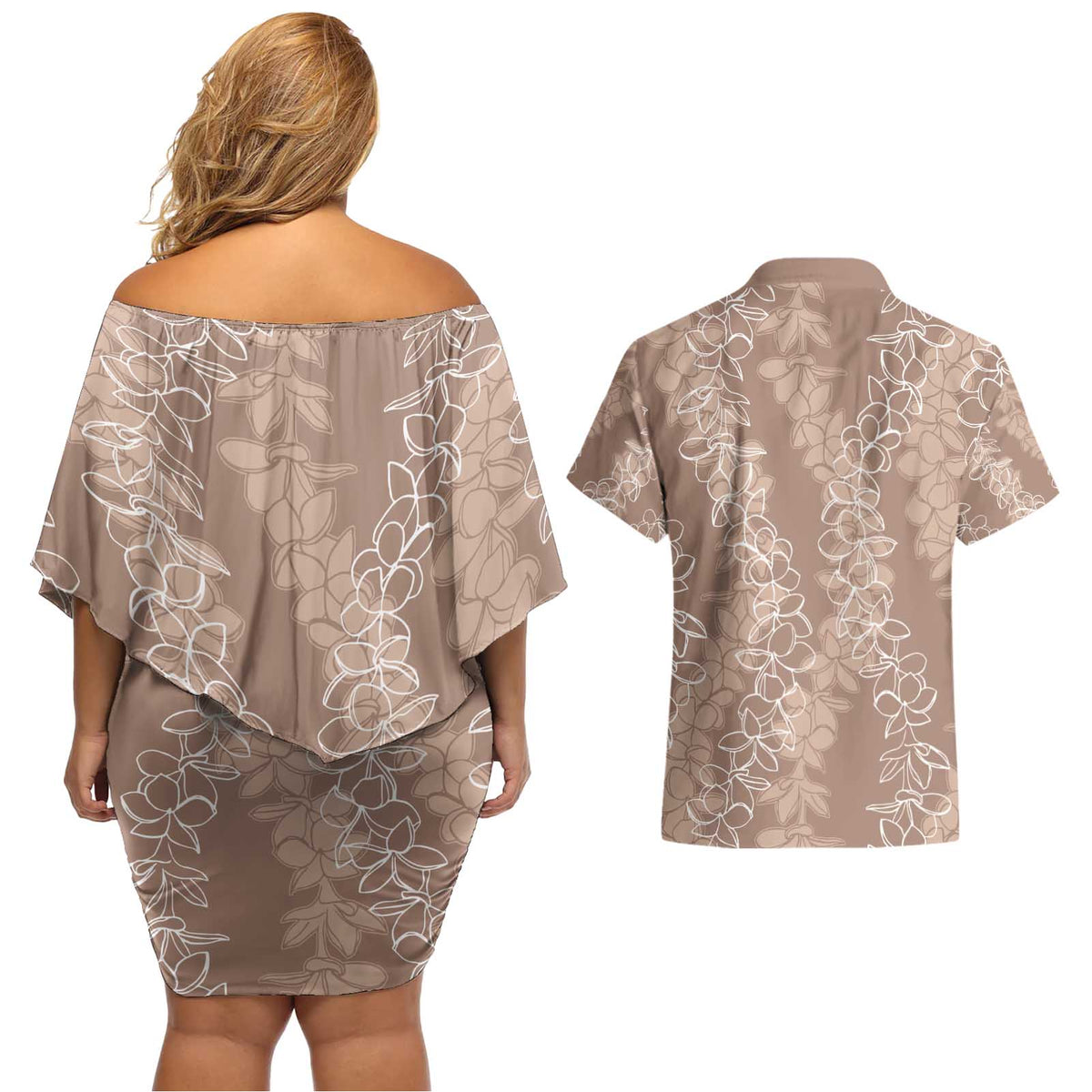 Hawaii Plumeria Lei Couples Matching Off Shoulder Short Dress and Hawaiian Shirt Aloha Festive Vibe - Beige
