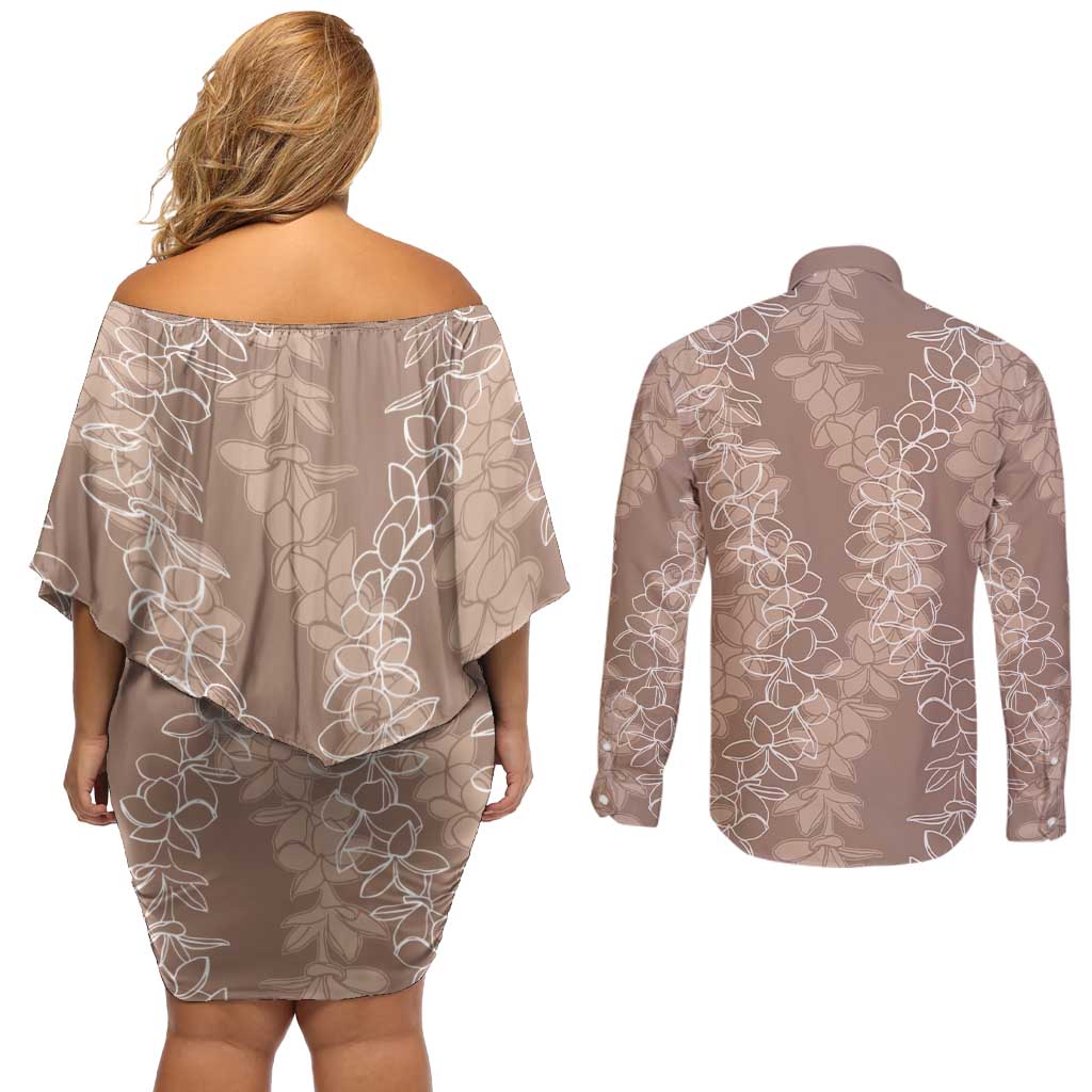Hawaii Plumeria Lei Couples Matching Off Shoulder Short Dress and Long Sleeve Button Shirt Aloha Festive Vibe - Beige