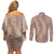Hawaii Plumeria Lei Couples Matching Off Shoulder Short Dress and Long Sleeve Button Shirt Aloha Festive Vibe - Beige