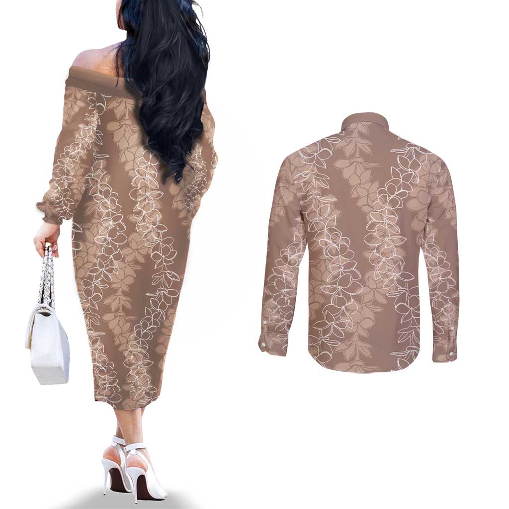 Hawaii Plumeria Lei Couples Matching Off The Shoulder Long Sleeve Dress and Long Sleeve Button Shirt Aloha Festive Vibe - Beige