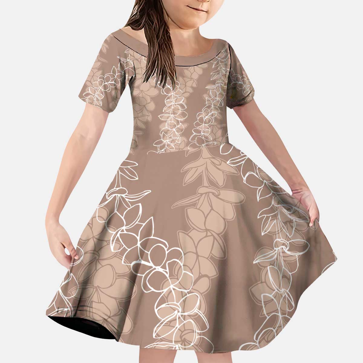 Hawaii Plumeria Lei Kid Short Sleeve Dress Aloha Festive Vibe - Beige