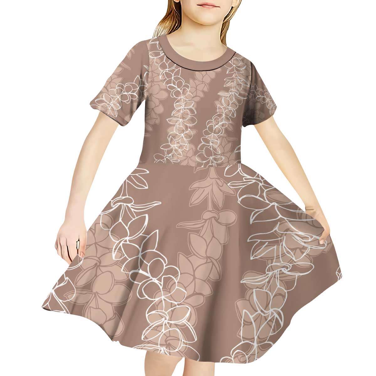 Hawaii Plumeria Lei Kid Short Sleeve Dress Aloha Festive Vibe - Beige